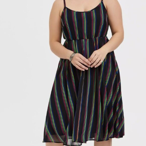 Torrid Brand Midi Chiffon Pleated Dress Size 00 Rainbow Black Stripes - Picture 1 of 5